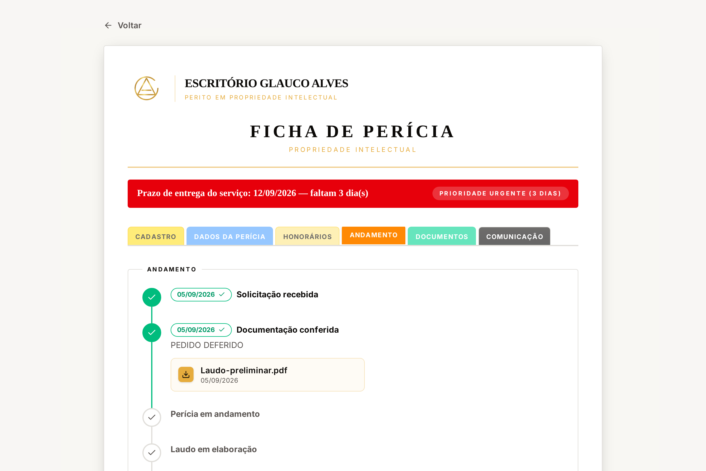 Andamento: linha do tempo com etapas concluídas marcadas em verde
