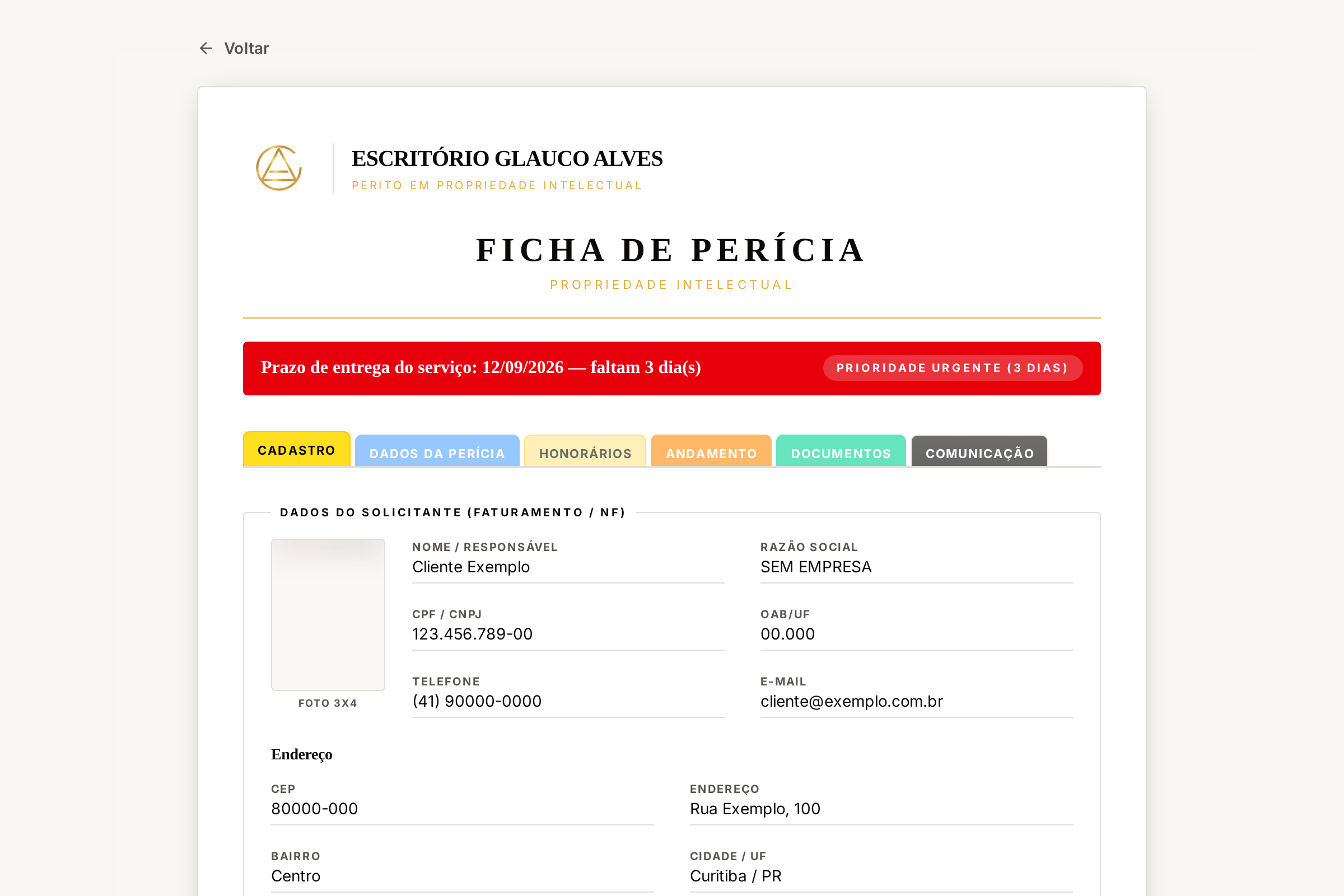 Ficha de perícia: abas coloridas e cadastro completo do solicitante